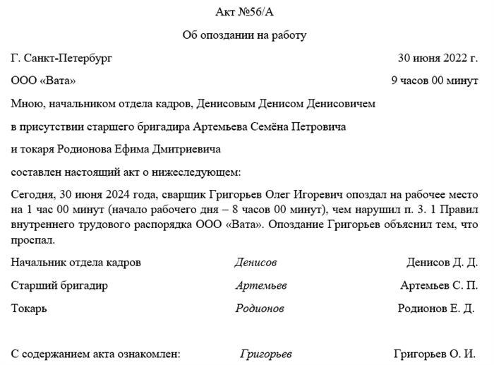 Образец акта об опоздании работника на работу