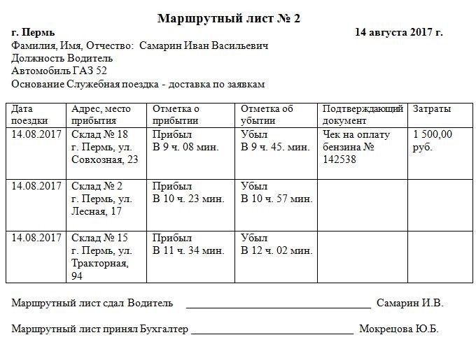 Оформление маршрутного листа для водителя грузового автомобиля