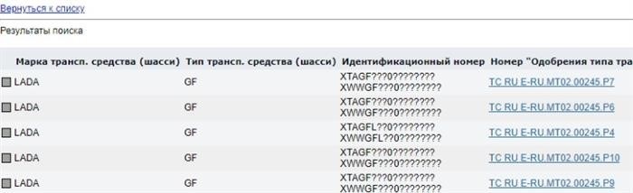 Форма поиска по базе одобрений типов ТС (найдено 71932 записей)